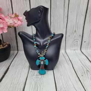 Handcrafted Turquoise and Brown Beaded Stone Necklace with Cross Pendant